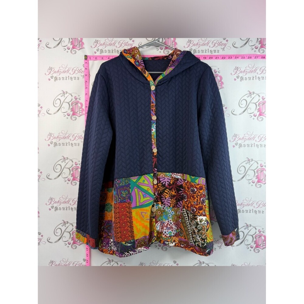 Jacket patchwork Trim Hooded Quilted Jacket - Patchwork With a Base Navy Blue